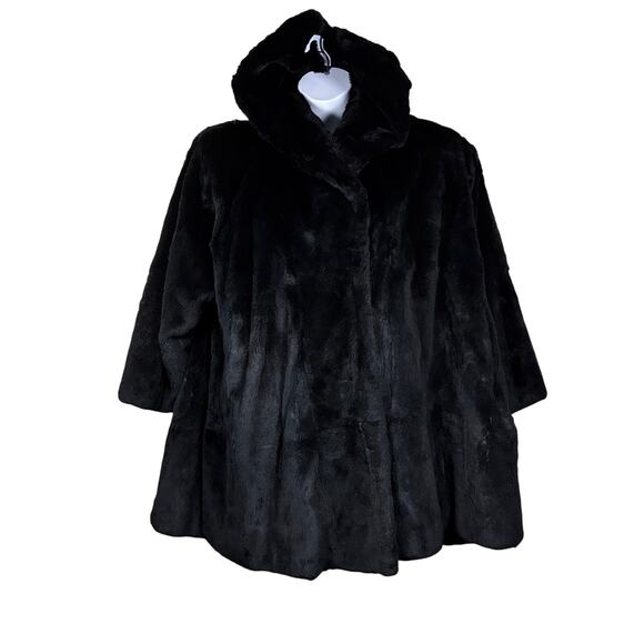 Carole Little Fur Coat XL Vintage Hood Shoulder Pads 1980s Mob Wife Luxury Glam - Picture 1 of 7